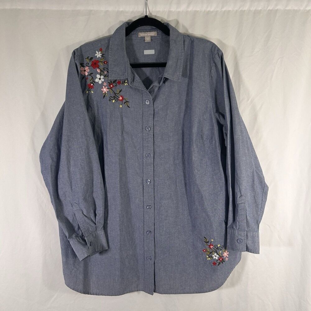 Woman Within Blouse Women's 1X Blue Embroidered Button Up Long Sleeve Cotton